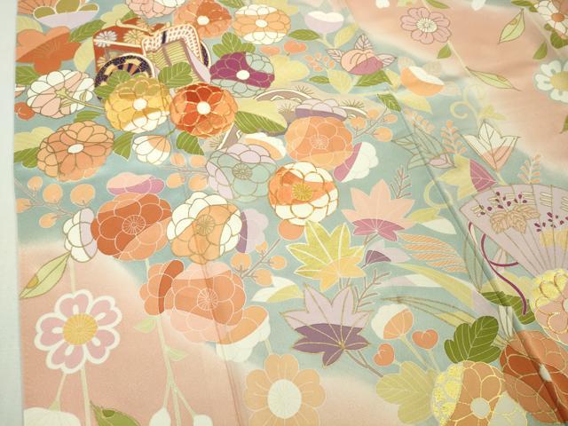 平和屋本店●極上　創業460年・千總　振袖　駒刺繍　御所車吉祥花文　虹色地　暈し染め　金彩　伊勢丹扱い　逸品　DZAB2526kh6