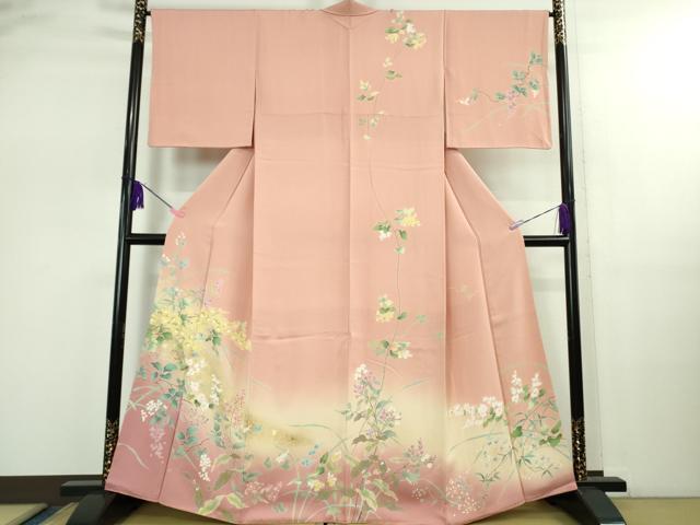 平和屋着物●極上　訪問着　友禅　四季花文　珊瑚色地　暈し染め　金彩　逸品　DZAB2527kh6