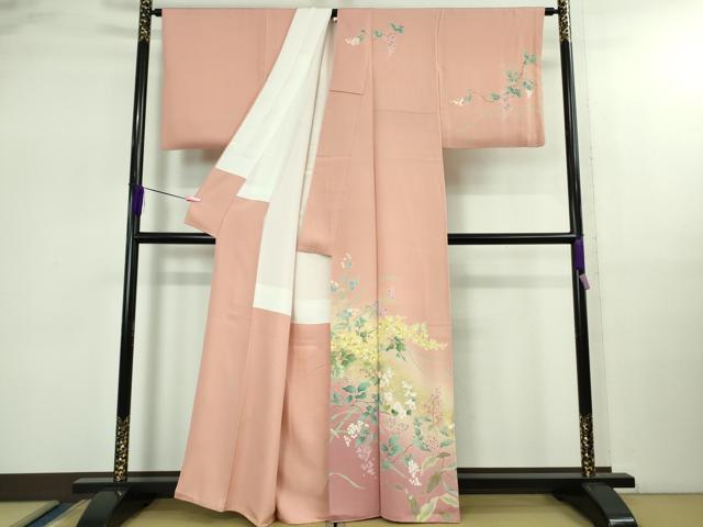 平和屋着物●極上　訪問着　友禅　四季花文　珊瑚色地　暈し染め　金彩　逸品　DZAB2527kh6