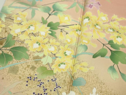 平和屋着物●極上　訪問着　友禅　四季花文　珊瑚色地　暈し染め　金彩　逸品　DZAB2527kh6