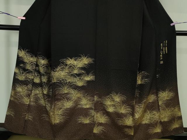 平和屋本店●極上　金彩友禅　卓越技能者・名工・和田光正　訪問着　草葉文　暈し染め　黒地　金彩　逸品　DZAB2537kh6