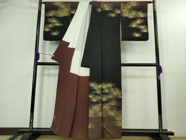 平和屋本店●極上　金彩友禅　卓越技能者・名工・和田光正　訪問着　草葉文　暈し染め　黒地　金彩　逸品　DZAB2537kh6