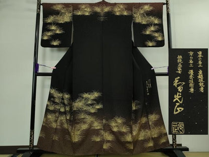 平和屋本店●極上　金彩友禅　卓越技能者・名工・和田光正　訪問着　草葉文　暈し染め　黒地　金彩　逸品　DZAB2537kh6
