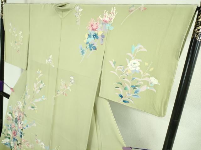 平和屋本店●極上　本加賀友禅作家　宮野勇造　訪問着　菊に山菜花　若芽色地　上代138万　反端・紙タグ付き　逸品　未使用　DZAB2548kh6