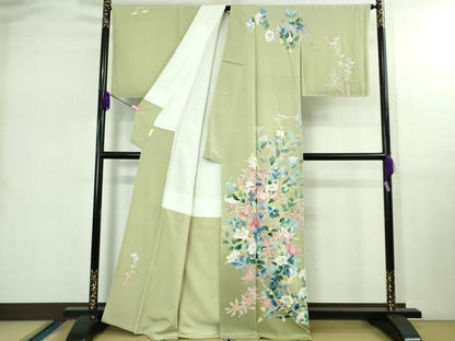 平和屋本店●極上　本加賀友禅作家　宮野勇造　訪問着　菊に山菜花　若芽色地　上代138万　反端・紙タグ付き　逸品　未使用　DZAB2548kh6