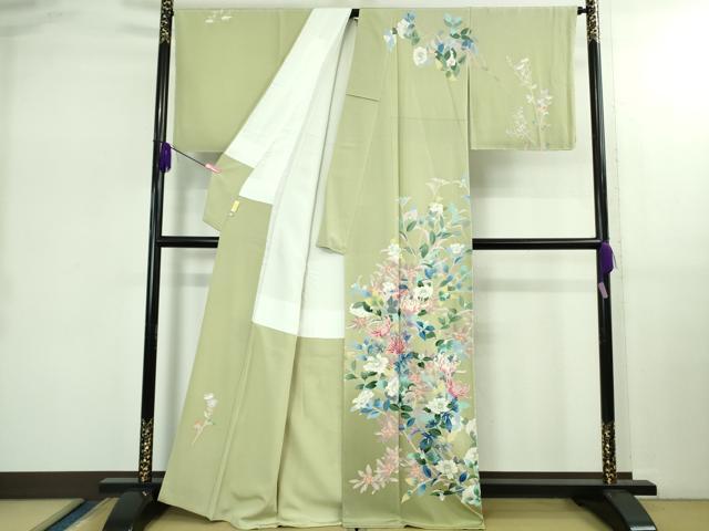 平和屋本店●極上　本加賀友禅作家　宮野勇造　訪問着　菊に山菜花　若芽色地　上代138万　反端・紙タグ付き　逸品　未使用　DZAB2548kh6