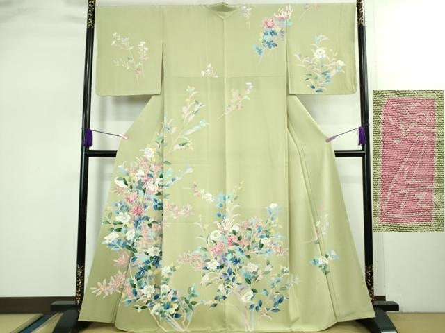 平和屋本店○極上 本加賀友禅作家 宮野勇造 訪問着 菊に山菜花 若芽色