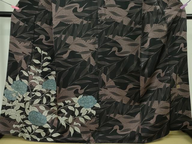 平和屋本店●極上　染色作家　斉藤三才　訪問着　飛鶴枝花文　黒地　逸品　DZAB2561kh6