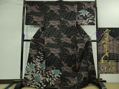 平和屋本店●極上　染色作家　斉藤三才　訪問着　飛鶴枝花文　黒地　逸品　DZAB2561kh6