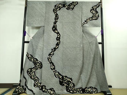 平和屋着物●極上　訪問着　絞り　刺繍　道長吹寄せ花文　黒地　金糸　ロング丈　逸品　未使用　DZAB2564kh6