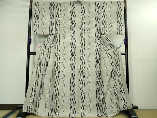 平和屋着物●極上　小紋　よろけ縞　草花地紋　白橡色地　逸品　DZAB2571kh6