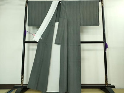 平和屋着物▽極上 彫士:双光　染士:昌亮　江戸小紋　単衣　よろけ縞　行儀　鮫小紋　角通し　藍墨茶色×羊羹色　逸品　未使用　DZAB2574kh6