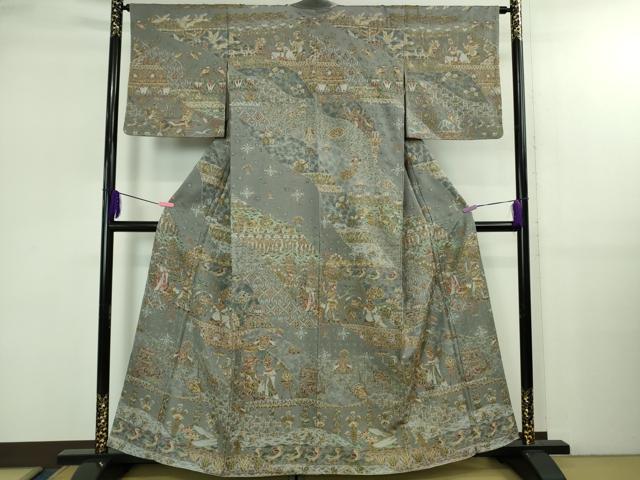 平和屋本店●極上　中国三大刺繍　スワトウ刺繍　汕頭刺繍　訪問着　エジプト壁画文様　灰青色地　金糸　逸品　DZAB2580kh6