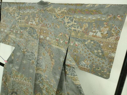 平和屋本店●極上　中国三大刺繍　スワトウ刺繍　汕頭刺繍　訪問着　エジプト壁画文様　灰青色地　金糸　逸品　DZAB2580kh6