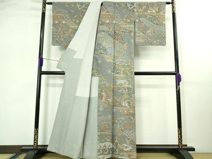平和屋本店●極上　中国三大刺繍　スワトウ刺繍　汕頭刺繍　訪問着　エジプト壁画文様　灰青色地　金糸　逸品　DZAB2580kh6