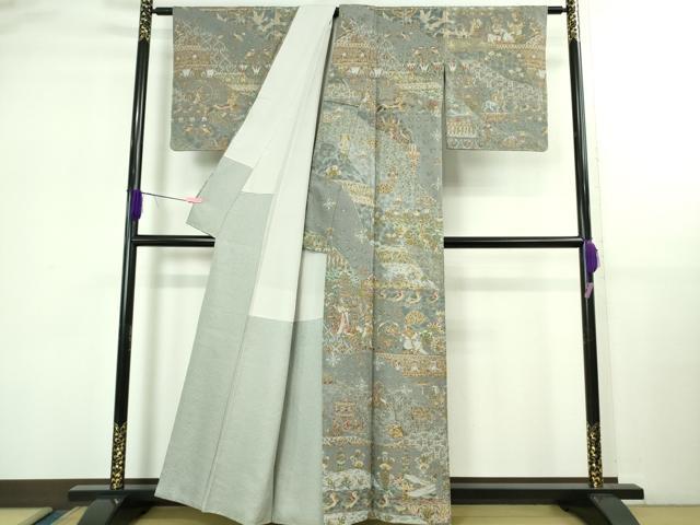 平和屋本店●極上　中国三大刺繍　スワトウ刺繍　汕頭刺繍　訪問着　エジプト壁画文様　灰青色地　金糸　逸品　DZAB2580kh6