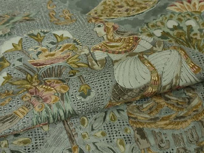 平和屋本店●極上　中国三大刺繍　スワトウ刺繍　汕頭刺繍　訪問着　エジプト壁画文様　灰青色地　金糸　逸品　DZAB2580kh6