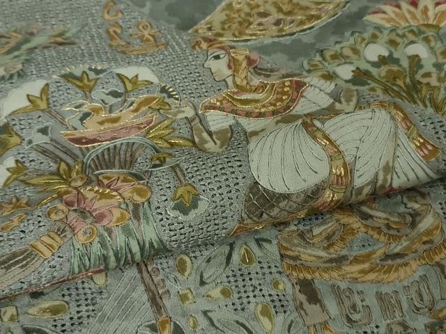 平和屋本店●極上　中国三大刺繍　スワトウ刺繍　汕頭刺繍　訪問着　エジプト壁画文様　灰青色地　金糸　逸品　DZAB2580kh6