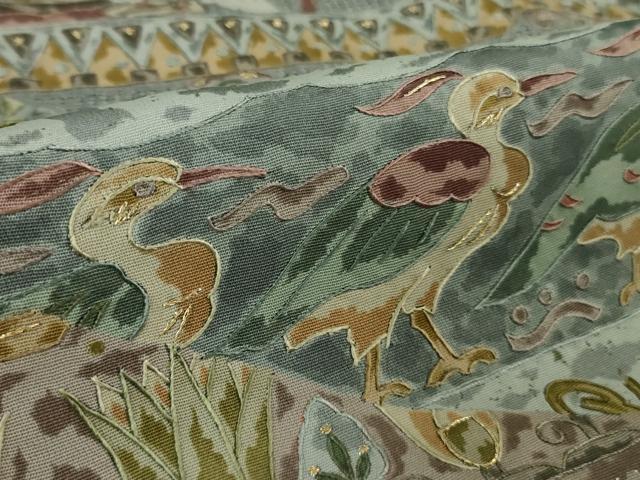 平和屋本店●極上　中国三大刺繍　スワトウ刺繍　汕頭刺繍　訪問着　エジプト壁画文様　灰青色地　金糸　逸品　DZAB2580kh6