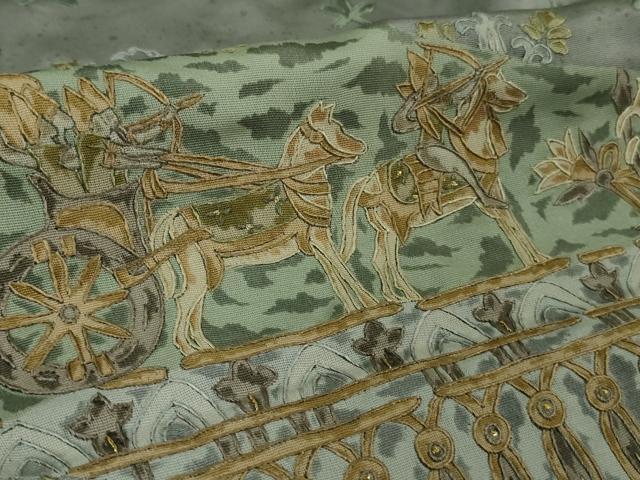 平和屋本店●極上　中国三大刺繍　スワトウ刺繍　汕頭刺繍　訪問着　エジプト壁画文様　灰青色地　金糸　逸品　DZAB2580kh6