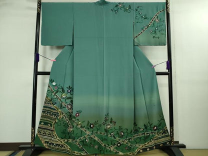 平和屋着物●極上　中国三大刺繍　スワトウ刺繍　泰斗刺繍　総刺繍　訪問着　花唐草文　暈し染め　錆浅葱色地　金糸　逸品　DZAB2581kh6