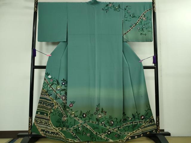 平和屋着物●極上　中国三大刺繍　スワトウ刺繍　泰斗刺繍　総刺繍　訪問着　花唐草文　暈し染め　錆浅葱色地　金糸　逸品　DZAB2581kh6
