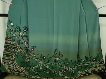 平和屋着物●極上　中国三大刺繍　スワトウ刺繍　泰斗刺繍　総刺繍　訪問着　花唐草文　暈し染め　錆浅葱色地　金糸　逸品　DZAB2581kh6