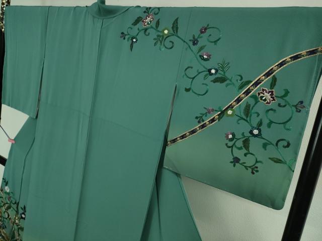 平和屋着物●極上　中国三大刺繍　スワトウ刺繍　泰斗刺繍　総刺繍　訪問着　花唐草文　暈し染め　錆浅葱色地　金糸　逸品　DZAB2581kh6