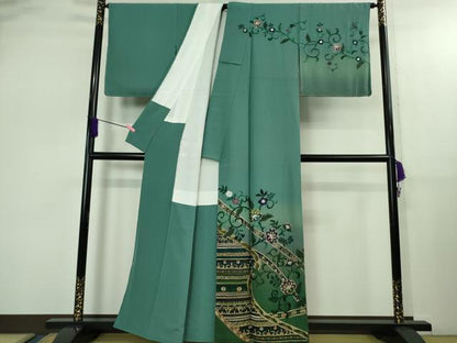 平和屋着物●極上　中国三大刺繍　スワトウ刺繍　泰斗刺繍　総刺繍　訪問着　花唐草文　暈し染め　錆浅葱色地　金糸　逸品　DZAB2581kh6