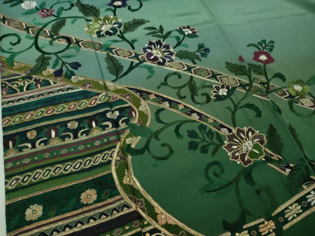 平和屋着物●極上　中国三大刺繍　スワトウ刺繍　泰斗刺繍　総刺繍　訪問着　花唐草文　暈し染め　錆浅葱色地　金糸　逸品　DZAB2581kh6