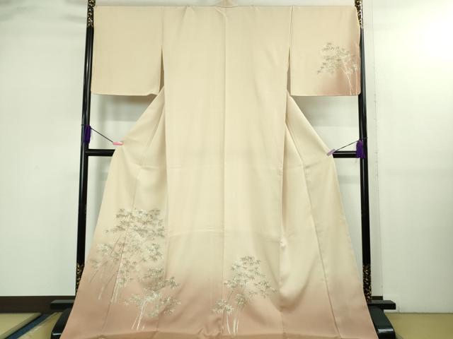 平和屋本店●極上　訪問着　総刺繍　笹竹文　鳥の子色地　暈し染め　金糸　ロング丈　逸品　未使用　DZAB2584kh6
