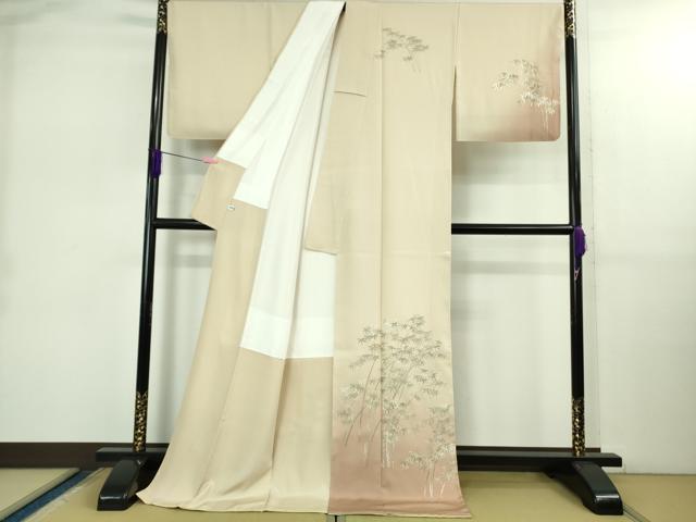 平和屋本店●極上　訪問着　総刺繍　笹竹文　鳥の子色地　暈し染め　金糸　ロング丈　逸品　未使用　DZAB2584kh6