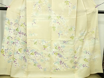 平和屋本店▽極上　訪問着　単衣　駒刺繍　枝花文　鳥の子色地　金彩　逸品　DZAB2588kh6