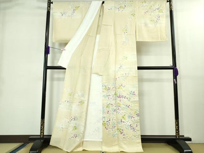 平和屋本店▽極上　訪問着　単衣　駒刺繍　枝花文　鳥の子色地　金彩　逸品　DZAB2588kh6