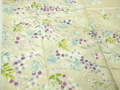 平和屋本店▽極上　訪問着　単衣　駒刺繍　枝花文　鳥の子色地　金彩　逸品　DZAB2588kh6