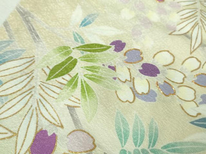 平和屋本店▽極上　訪問着　単衣　駒刺繍　枝花文　鳥の子色地　金彩　逸品　DZAB2588kh6