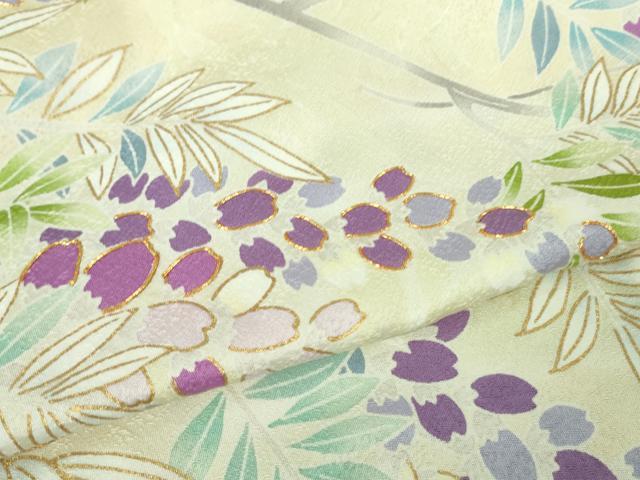 平和屋本店▽極上　訪問着　単衣　駒刺繍　枝花文　鳥の子色地　金彩　逸品　DZAB2588kh6