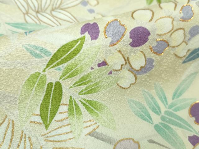 平和屋本店▽極上　訪問着　単衣　駒刺繍　枝花文　鳥の子色地　金彩　逸品　DZAB2588kh6