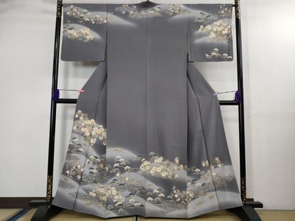 平和屋着物●極上 訪問着 駒刺繍 吉祥花文 薄い鉄御納戸色地 暈し染め 金彩 反端付き 逸品 DZAB2589kh6