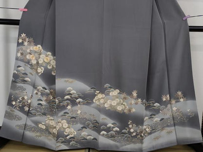 平和屋着物●極上 訪問着 駒刺繍 吉祥花文 薄い鉄御納戸色地 暈し染め 金彩 反端付き 逸品 DZAB2589kh6