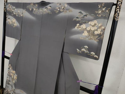平和屋着物●極上 訪問着 駒刺繍 吉祥花文 薄い鉄御納戸色地 暈し染め 金彩 反端付き 逸品 DZAB2589kh6