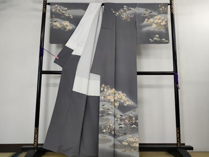 平和屋着物●極上 訪問着 駒刺繍 吉祥花文 薄い鉄御納戸色地 暈し染め 金彩 反端付き 逸品 DZAB2589kh6
