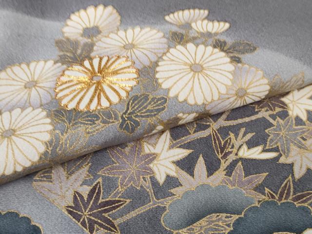 平和屋着物●極上 訪問着 駒刺繍 吉祥花文 薄い鉄御納戸色地 暈し染め 金彩 反端付き 逸品 DZAB2589kh6