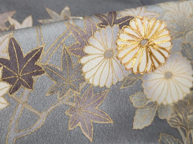 平和屋着物●極上 訪問着 駒刺繍 吉祥花文 薄い鉄御納戸色地 暈し染め 金彩 反端付き 逸品 DZAB2589kh6