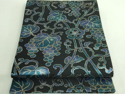 平和屋着物●極上　六通柄袋帯　葡萄蔦の葉文　黒地　金糸　逸品　DZAB2611kh6