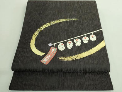 平和屋着物●極上　太鼓柄袋帯　豆ざる　黒地　金糸　逸品　DZAB2616kh6
