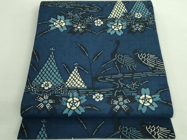 平和屋本店○極上 本場琉球紅型 六通柄袋帯 紬地 藍型