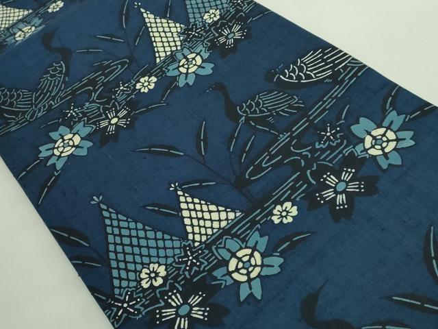 平和屋本店●極上　本場琉球紅型　六通柄袋帯　紬地　藍型　風景文　逸品　DZAB2626kh6