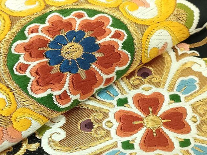 平和屋着物●極上 西陣 河合美術織物謹製 六通柄袋帯 唐織 正倉院花唐草 黒地 金糸 逸品 DZAB2627kh6