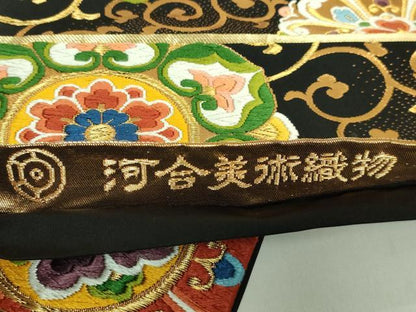 平和屋着物●極上 西陣 河合美術織物謹製 六通柄袋帯 唐織 正倉院花唐草 黒地 金糸 逸品 DZAB2627kh6